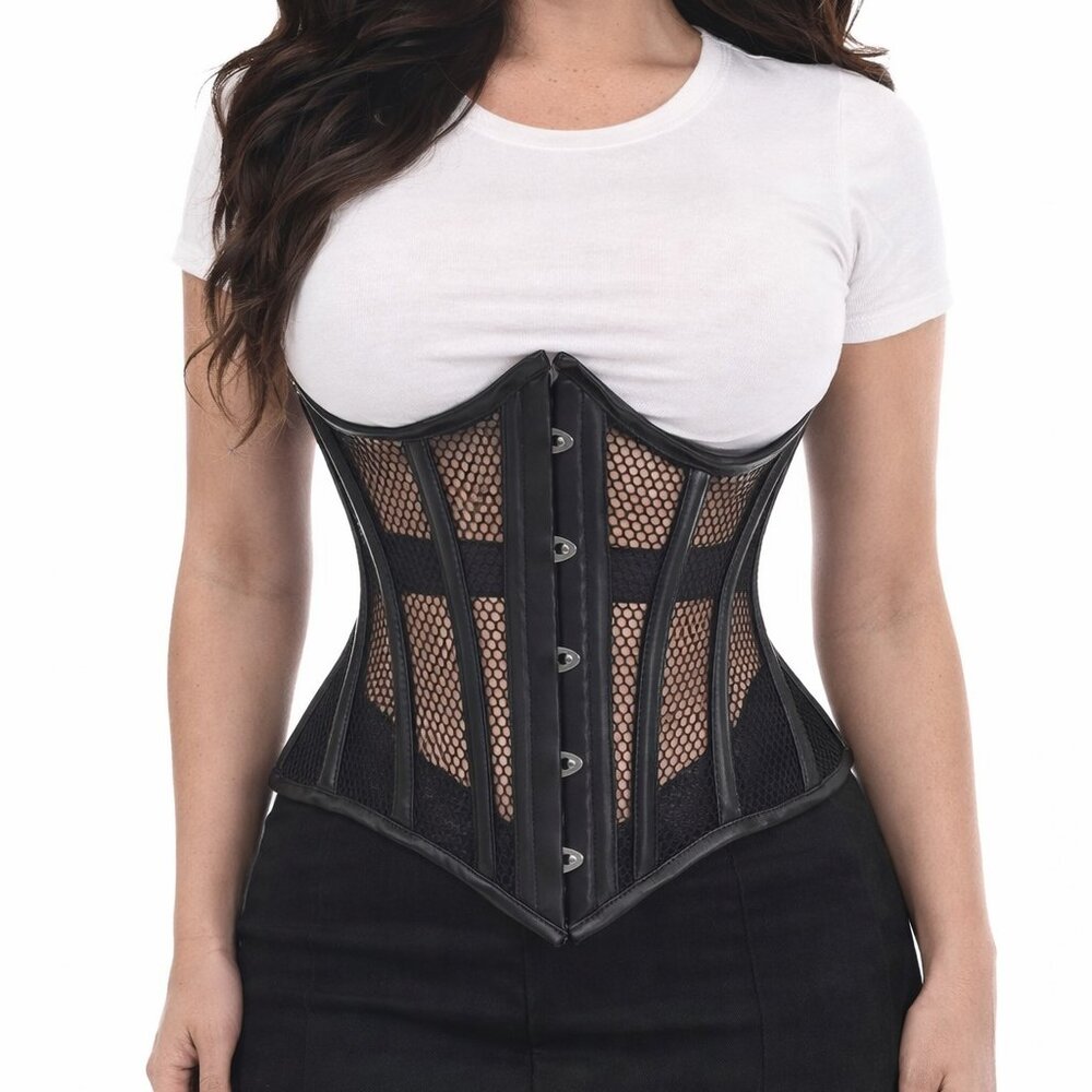 Black Fishnet Faux Leather Waist Cincher Corset – Lace-Up Back